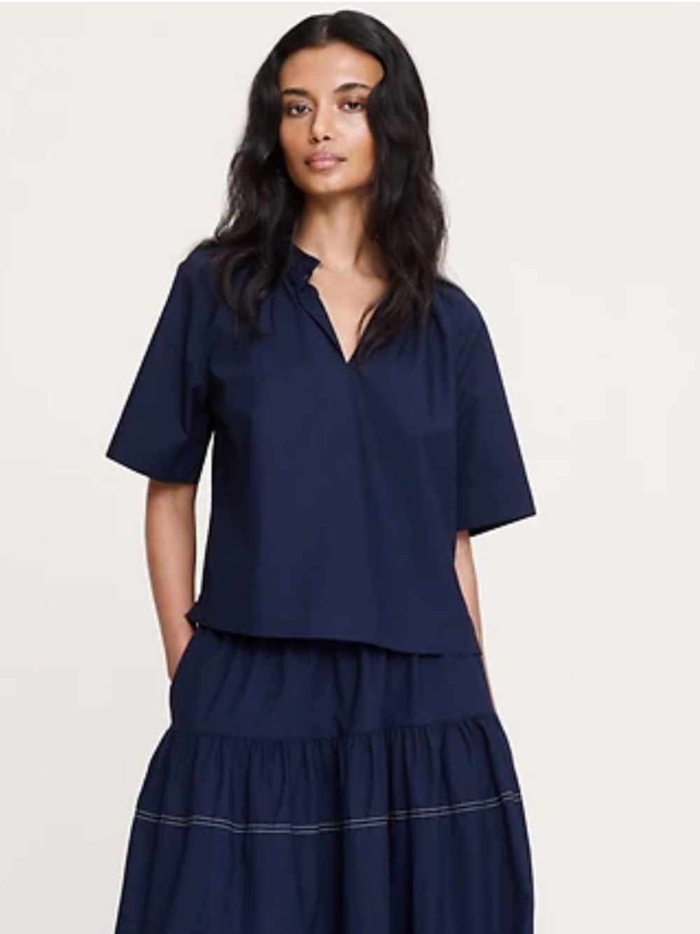 COTTON POPLIN SPLIT-NECK TOP